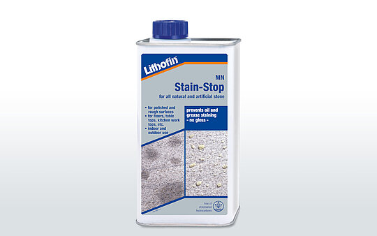 Lithofin Stain-Stop applied to natural stone tiles for stain protection